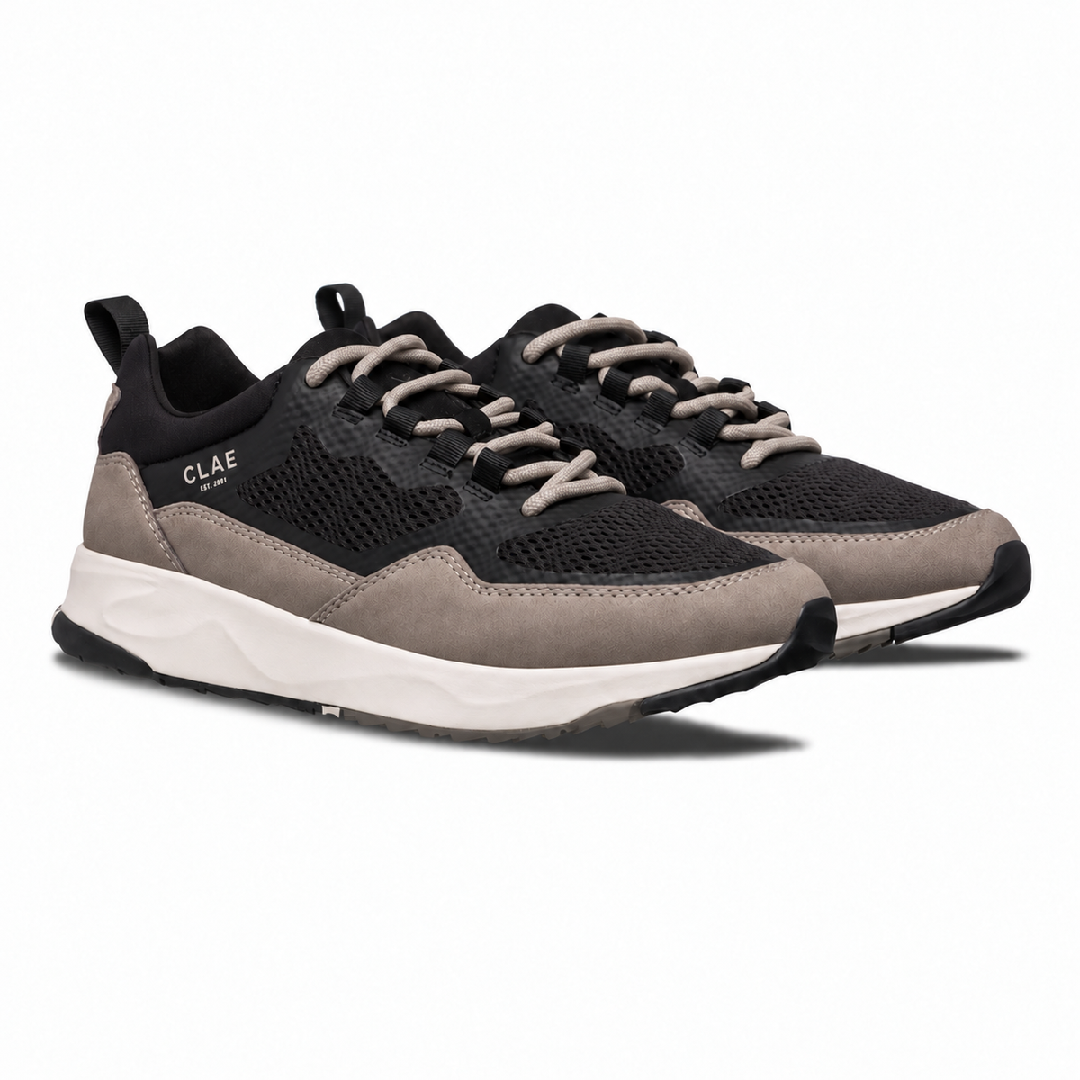 CLAE Milo Black Fallen Rock – three-quarter view with round Fallen Rock grey laces