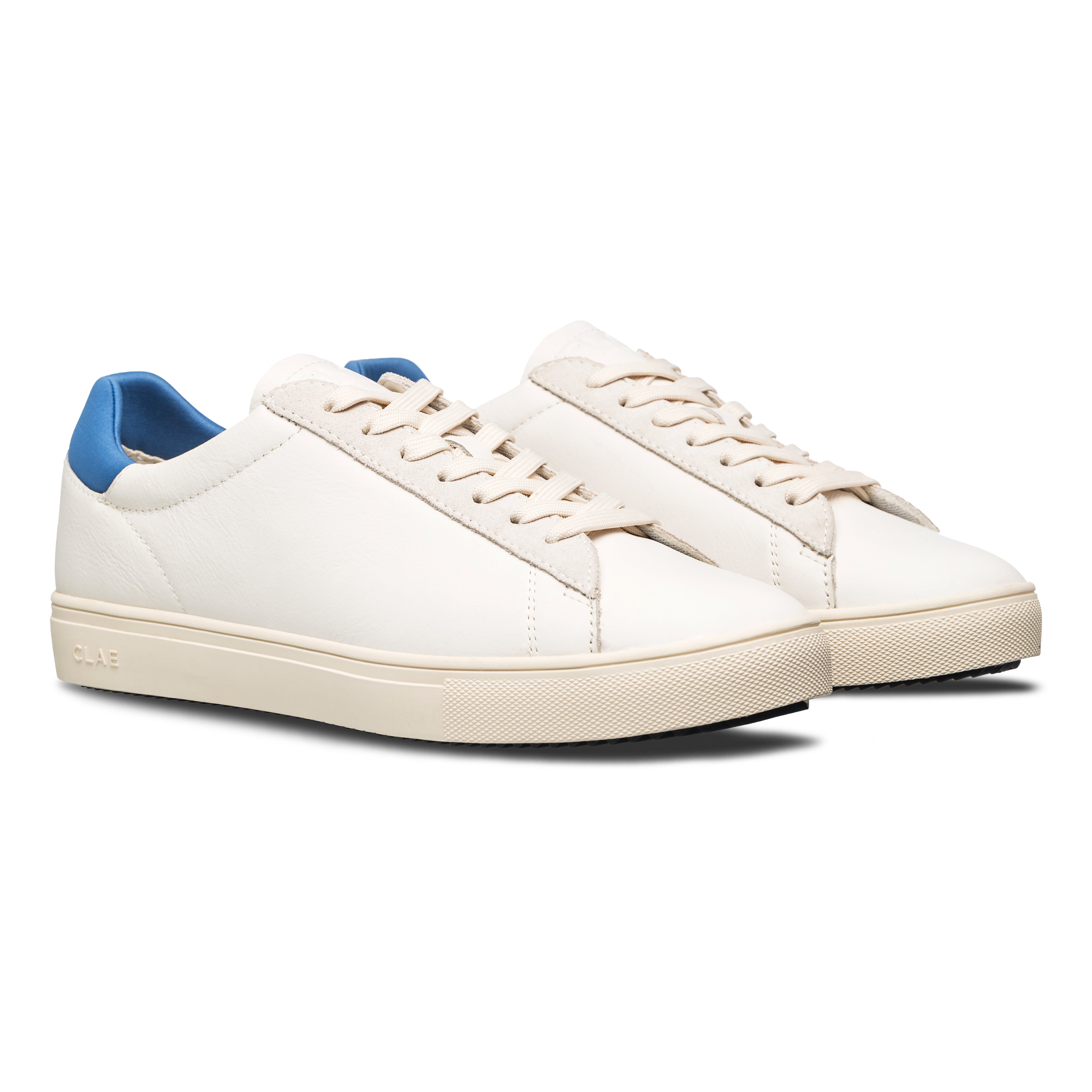 Three-quarter view of Bradley court shoe in White Pebble Blue, highlighting sophisticated design and versatile construction.