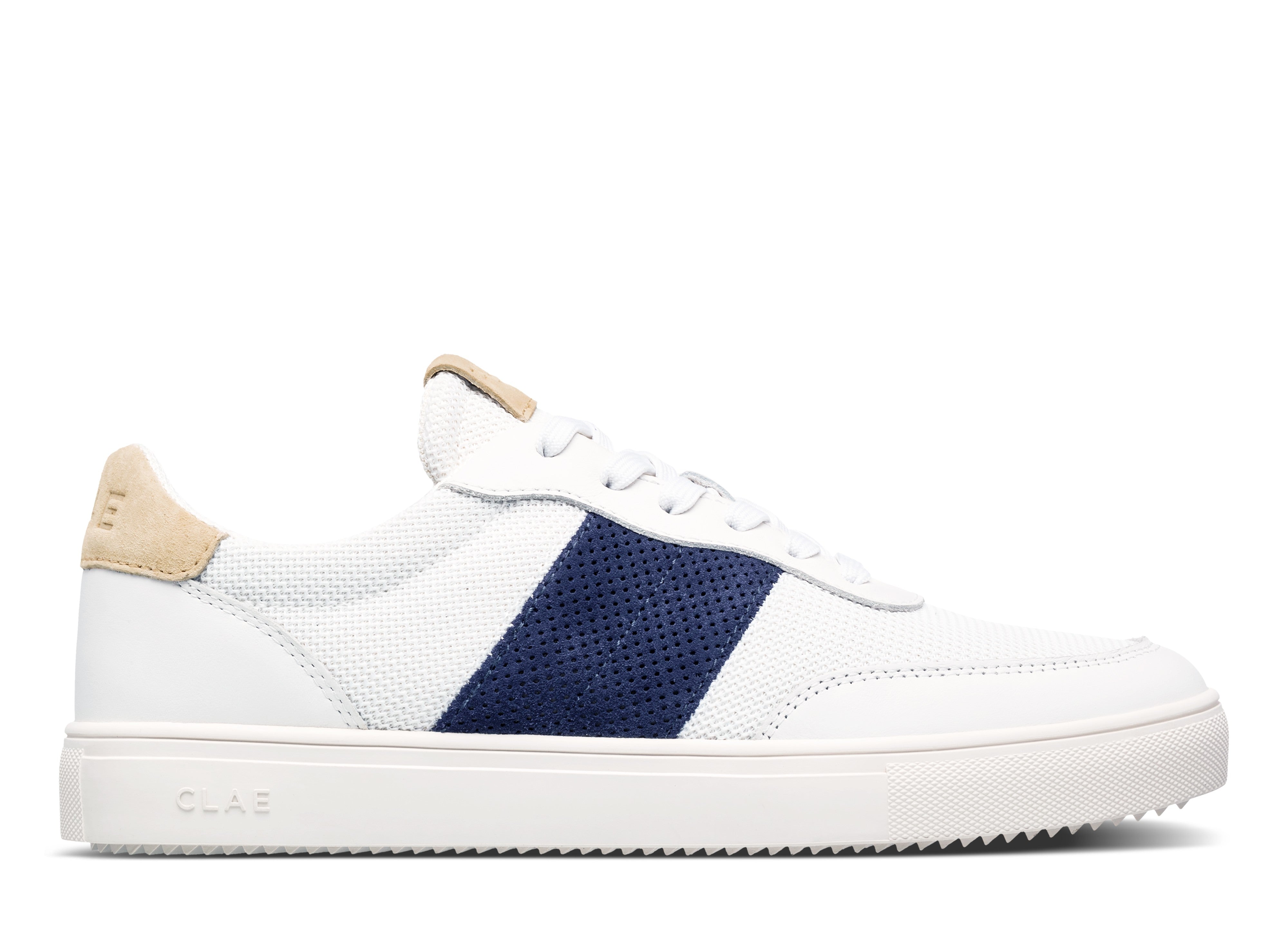 Davis court shoe in White Navy Wood Ash with Italian leather, suede, and recycled poly upper, premium design with Standard Premium (SP) sole.