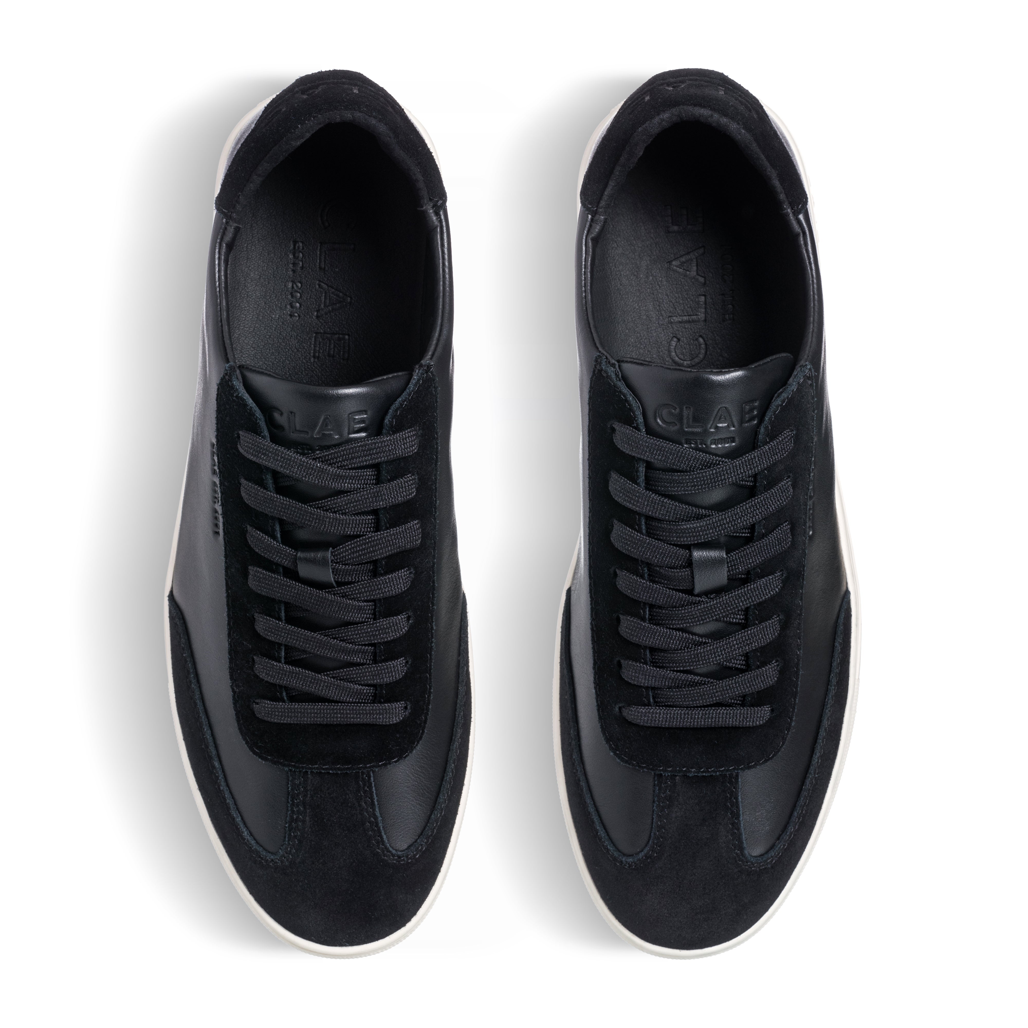 Top view of Deane court shoe in Black Off-White, showing suede and Italian leather upper with T-Toe design and lace details.