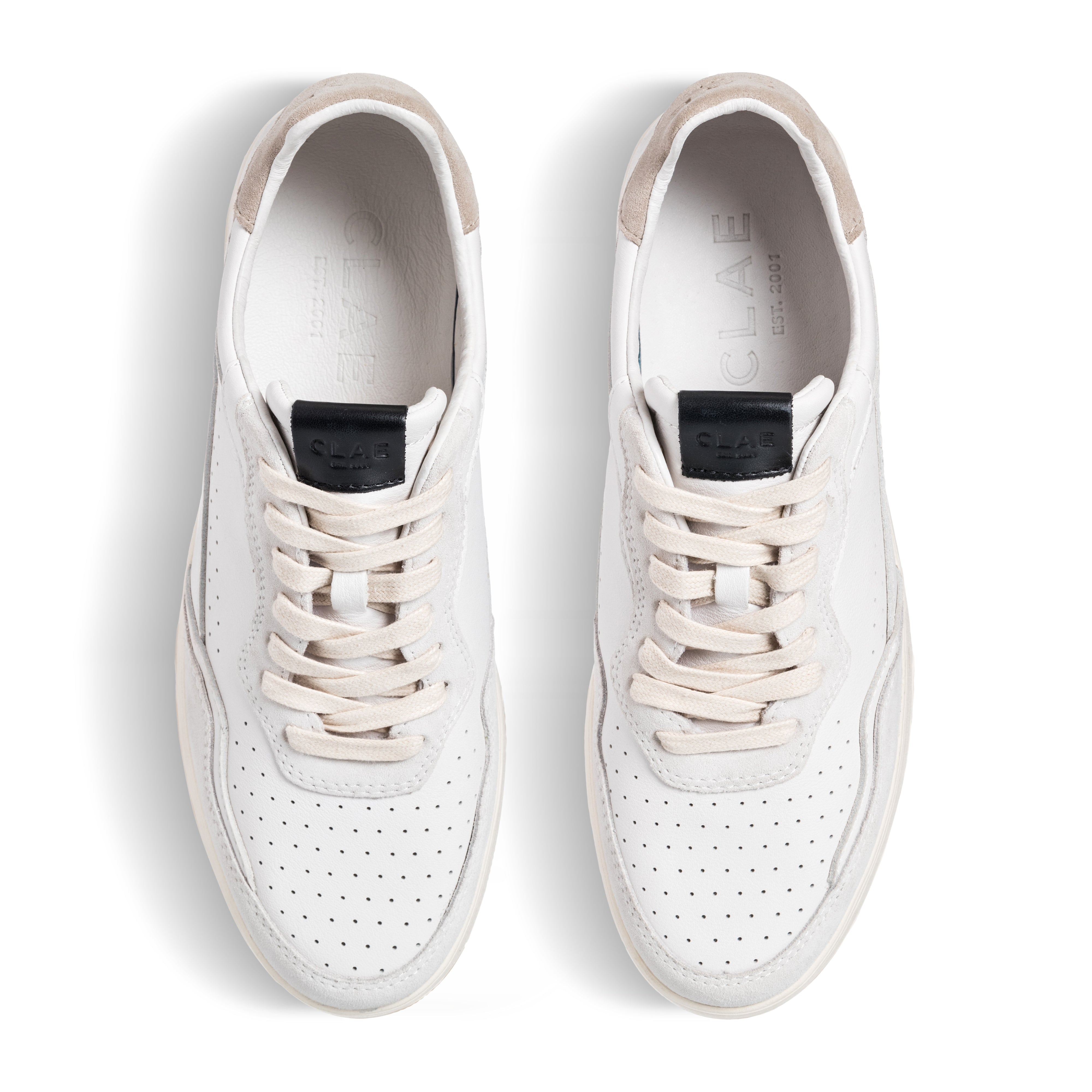 Top view of Haywood court shoe in White Feather Black, showing suede and Italian leather upper with intricate detailing.