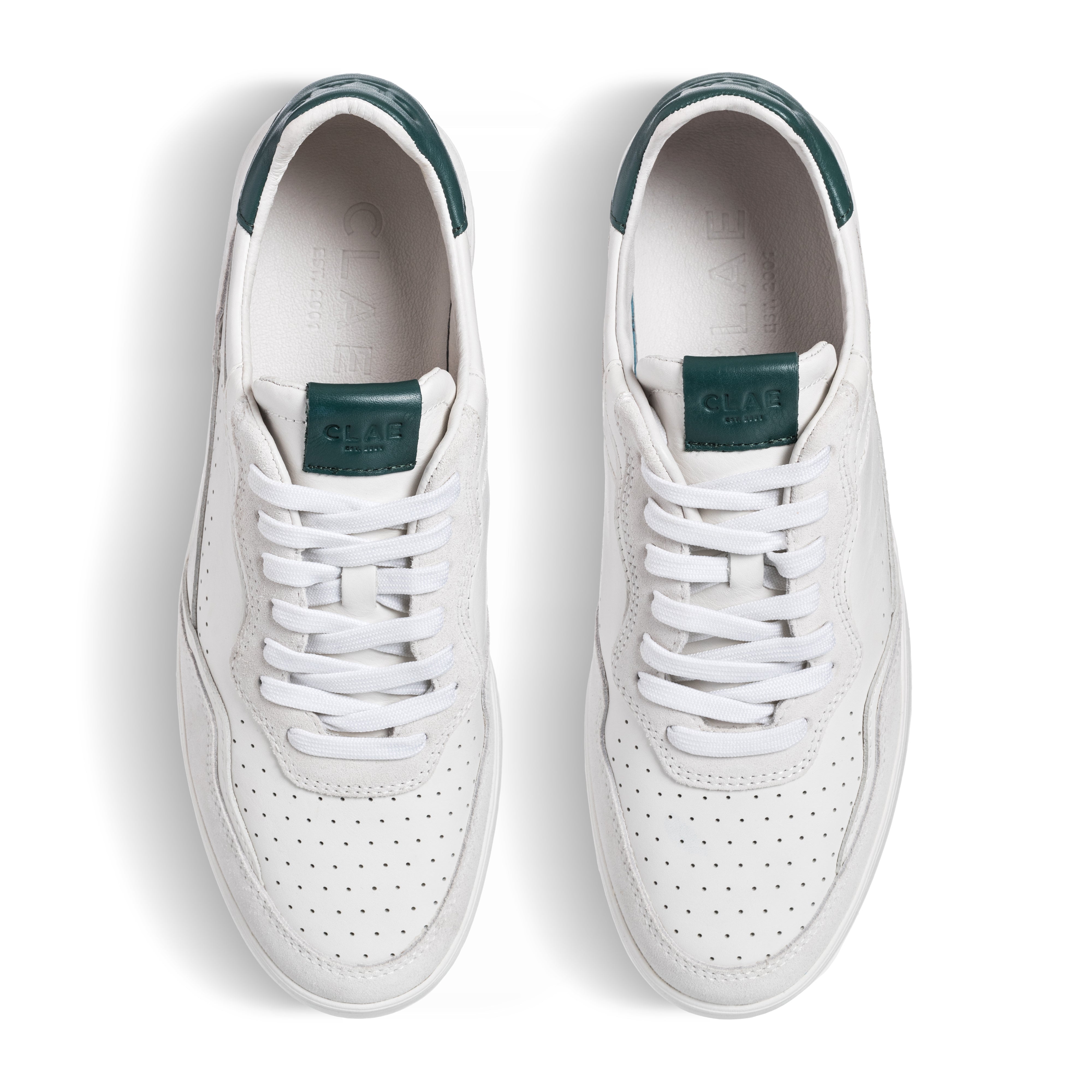Three-quarter view of Haywood court shoe in White Pine Needle, highlighting all-leather construction and premium finish.