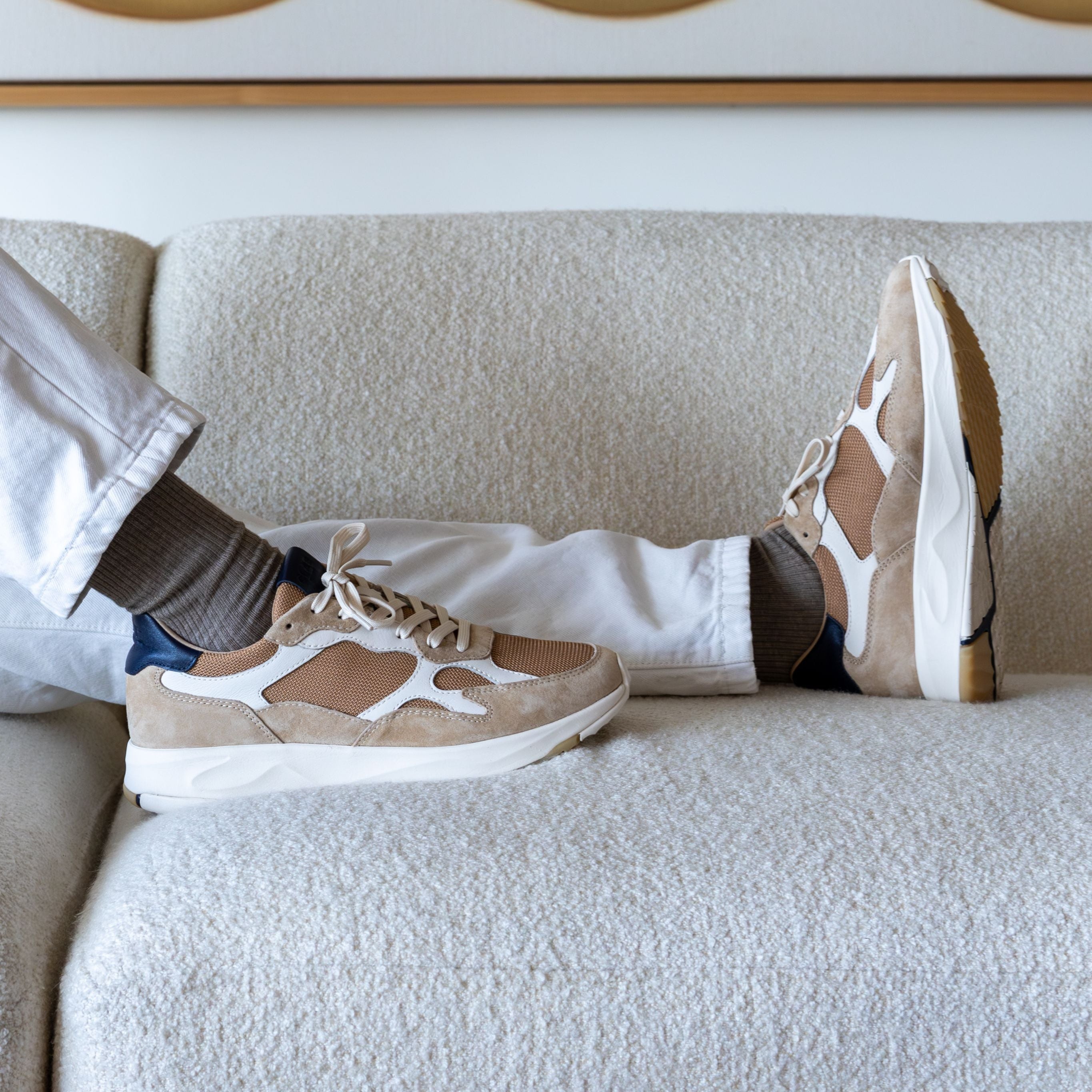 Zuma runner in Safari Doe Navy worn in casual lifestyle setting, highlighting comfort, flexible construction, and premium design.